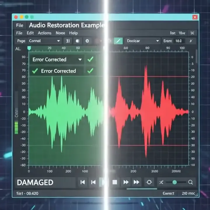 Corrupted audio repair preview showing damaged audio restored to playable preview