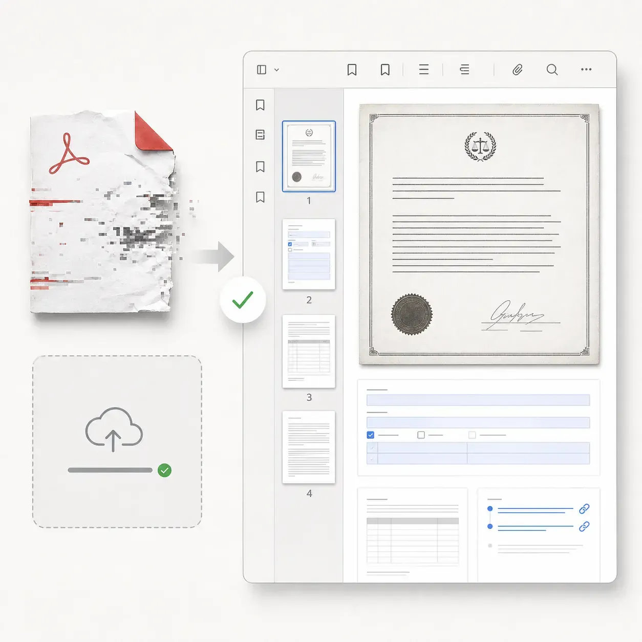 See how Fixo repairs a corrupted PDF online and prepares readable pages and document objects for preview.
