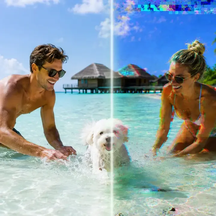 Corrupted photo repair preview showing damaged image restored online