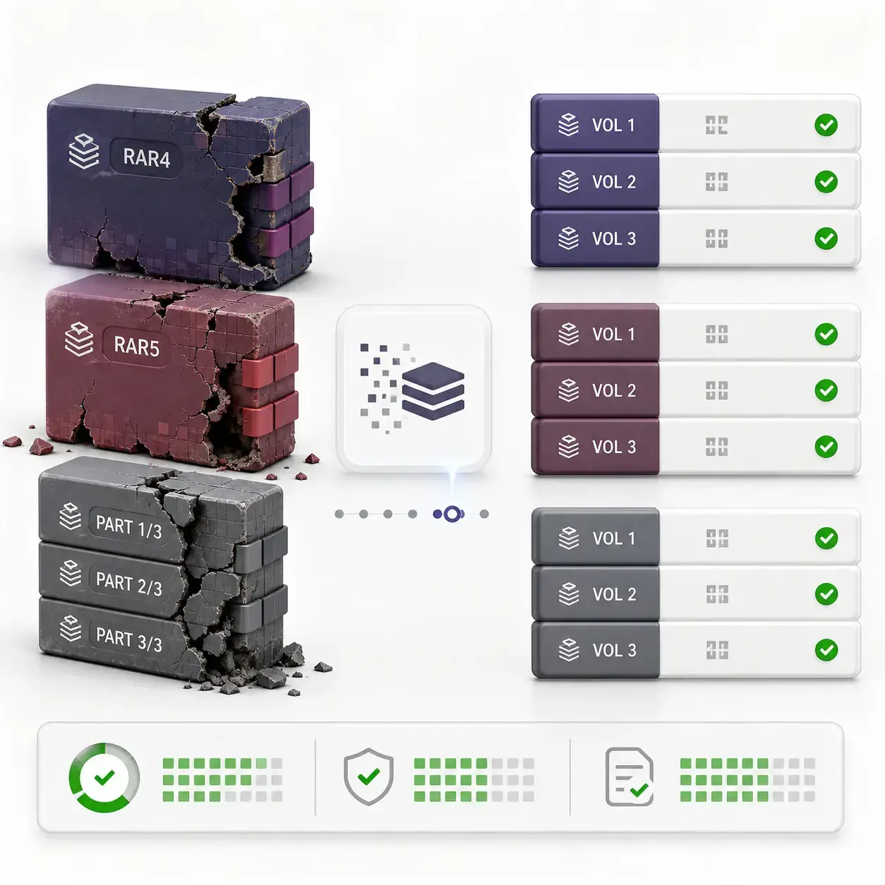 See how Fixo repairs a corrupted RAR archive online and prepares readable volumes and file entries for preview.