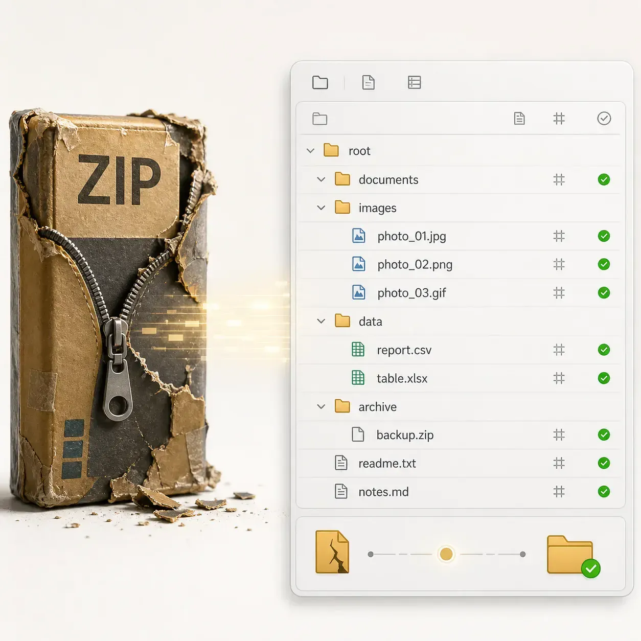 See how Fixo repairs a corrupted ZIP archive online and prepares readable folders and file entries for preview.